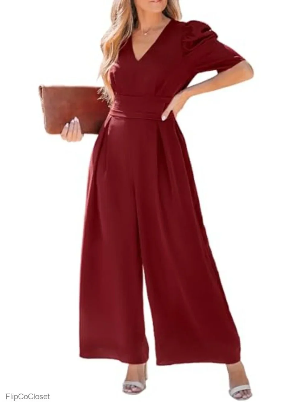 CUPSHE Women's Maxi Jumpsuit V Neck Half Sleeves Wide Leg Pockets Casual One